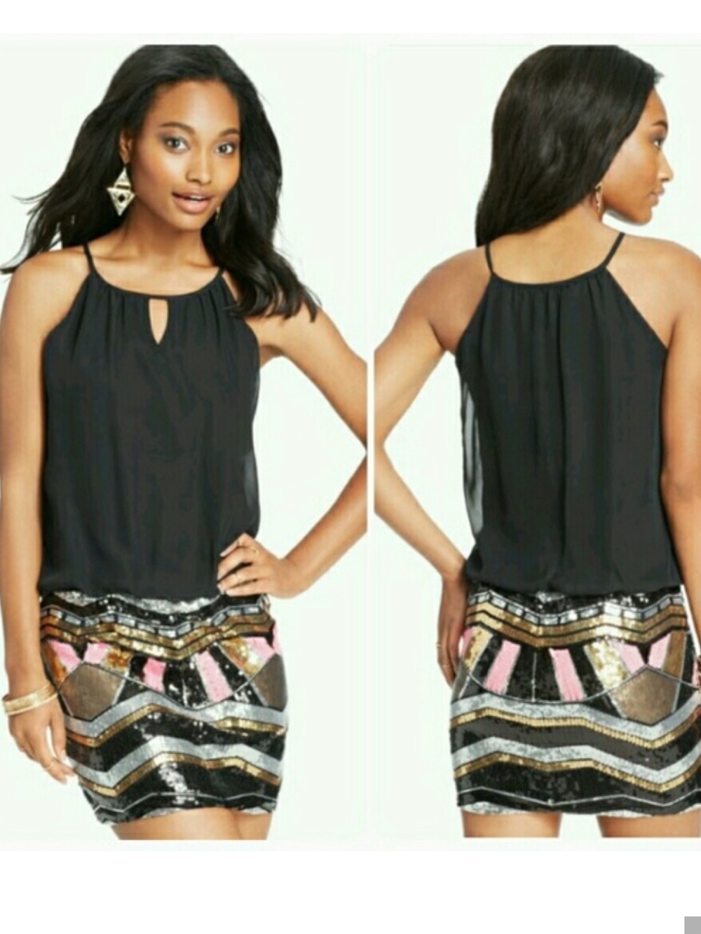 As U Wish Black Mini Dress with Pink, Gold & Silver Sequin Skirt